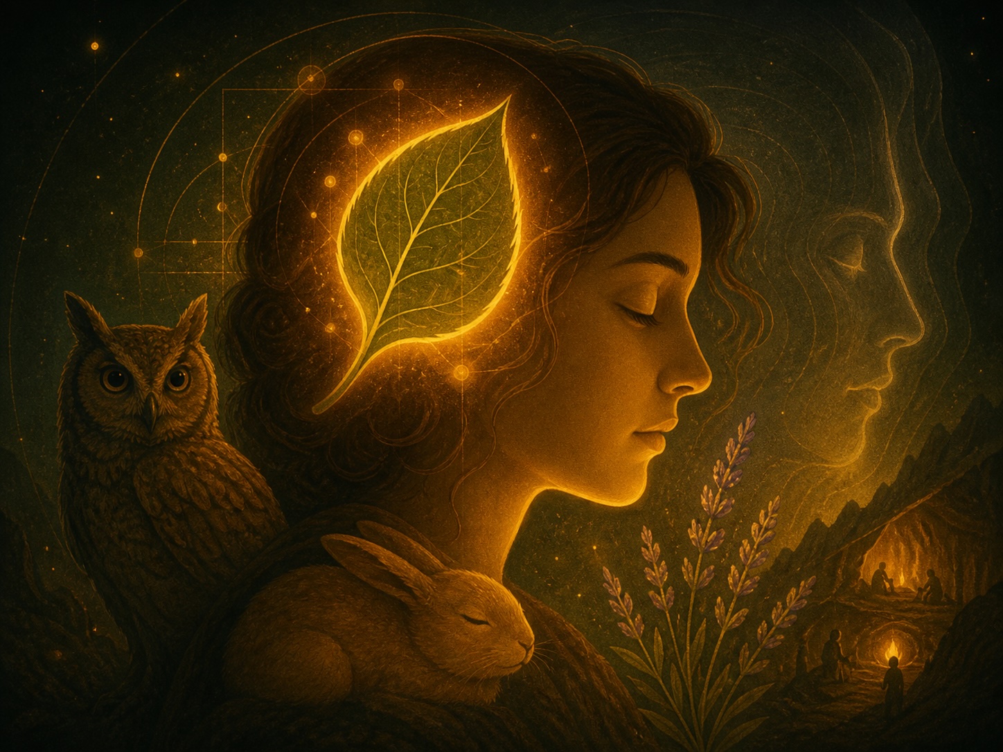 Plato’s Leaf: a glowing leaf at the human temple, with owl, rabbit, lavender, cave shadows, and a luminous profile suggesting recognition through shadow.